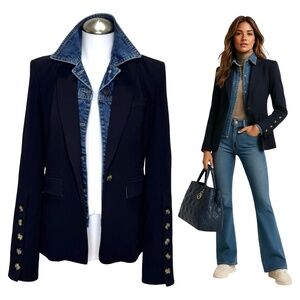 $695 VERONICA BEARD Steele Cutaway Button-Cuff Tailored Dickey Blazer Sz 2 Blue